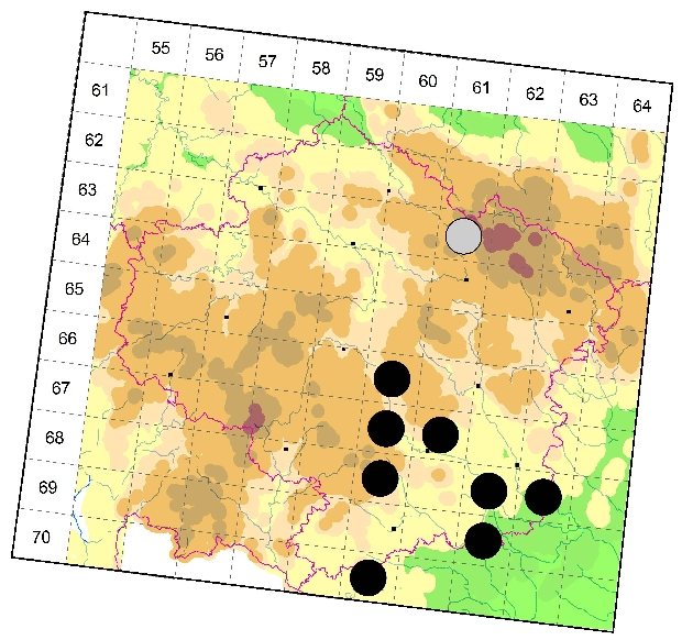 Mapa výskytu - tesařík - Anastrangalia sanguinolenta