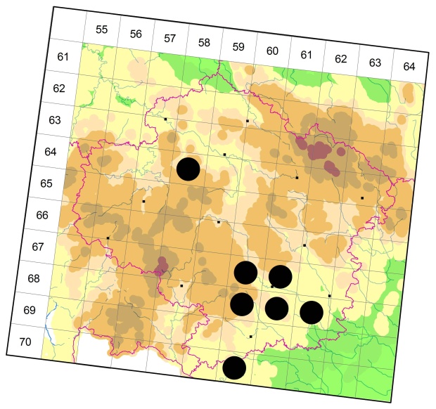 Mapa výskytu - střevlíček - Bembidion obtusum