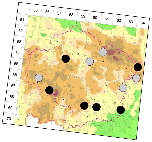 Mapa výskytu - střevlíček - Bradycellus harpalinus