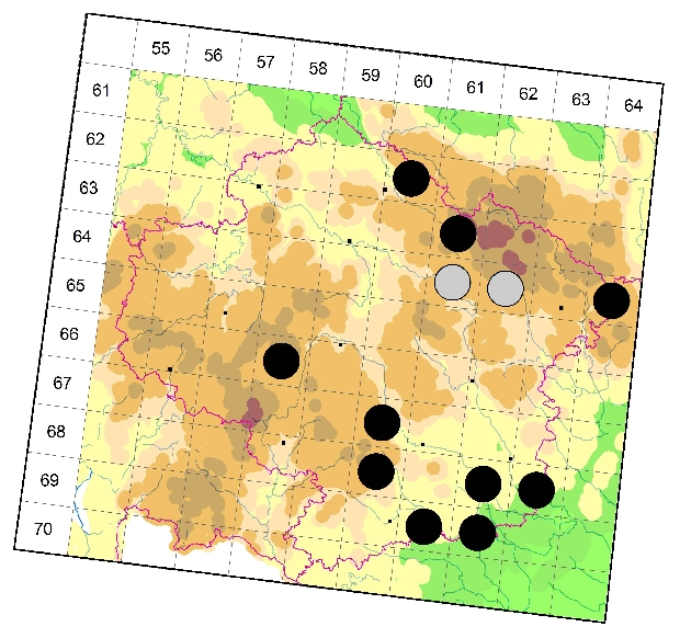 Mapa výskytu - tesařík fialový - Callidium violaceum