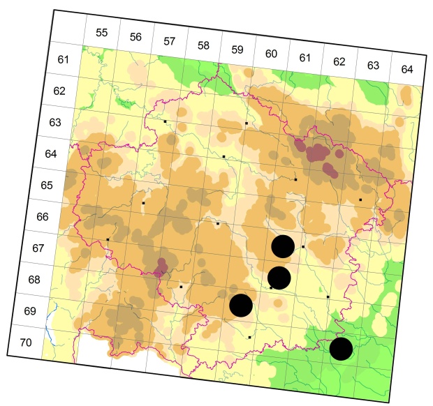 Mapa výskytu - krajník zlatotečný - Calosoma auropunctatum
