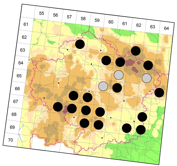 Mapa výskytu - střevlík hladký - Carabus glabratus