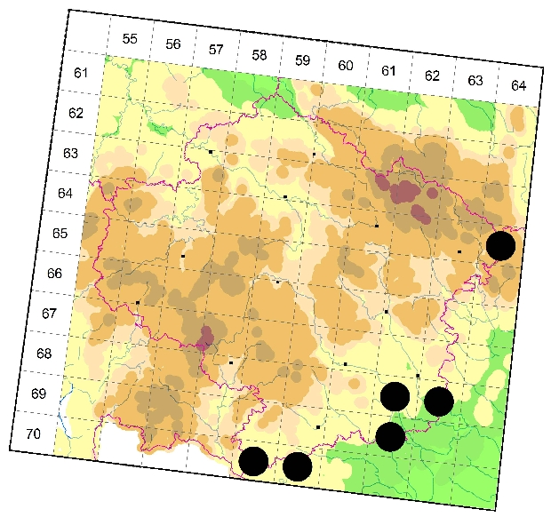 Mapa výskytu - tesařík - Cortodera femorata