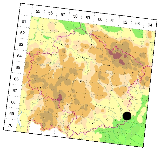 Mapa výskytu - tesařík - Glaphyra umbellatarum