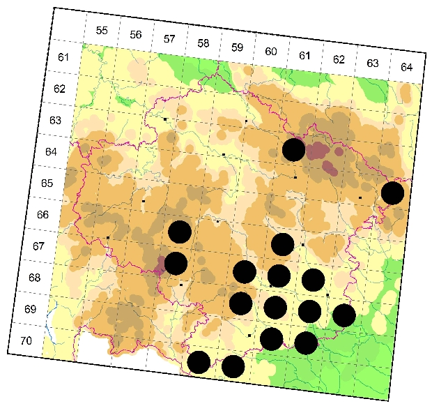Mapa výskytu - tesařík - Grammoptera ruficornis