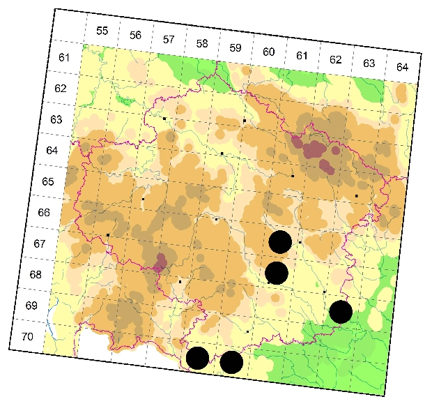 Mapa výskytu - tesařík - Grammoptera ustulata