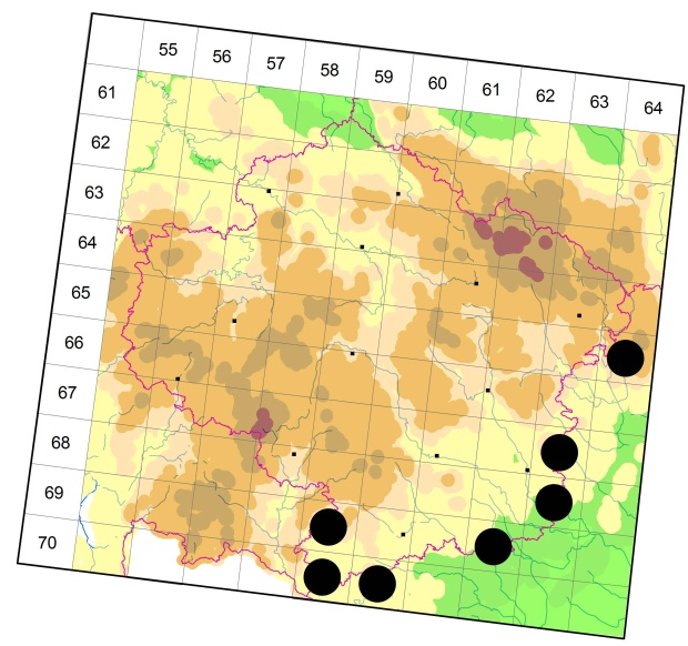 Mapa výskytu - střevlíček - Leistus rufomarginatus