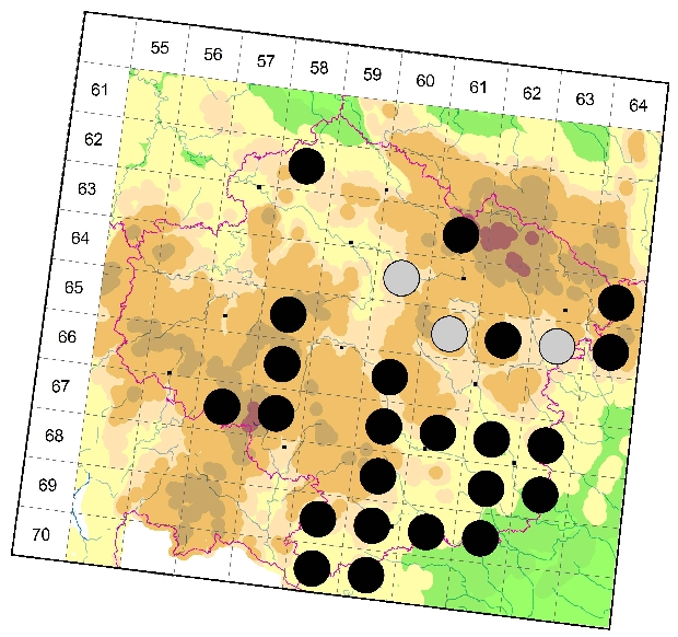 Mapa výskytu - tesařík čtyřpásý - Leptura quadrifasciata