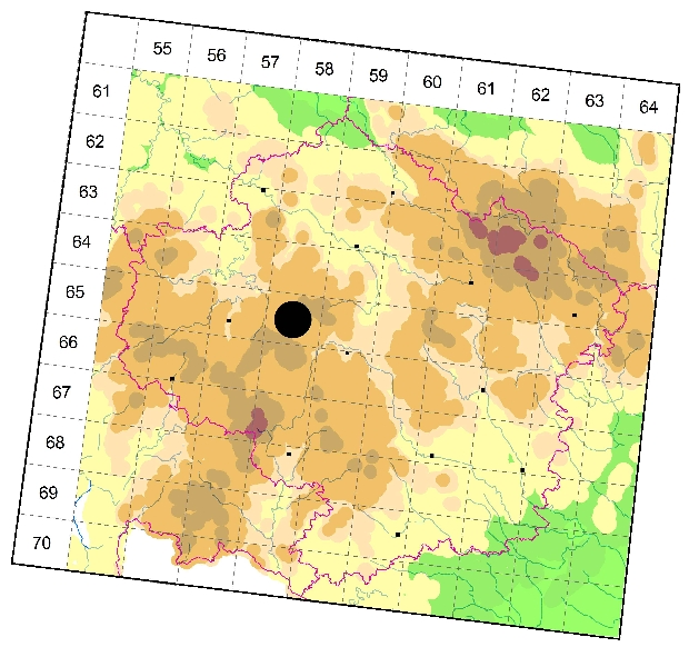 Mapa výskytu - kozlíček - Menesia bipunctata