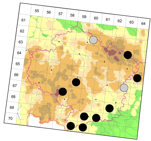 Mapa výskytu - střevlíček - Molops piceus