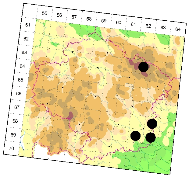 Mapa výskytu - tesařík - Necydalis major