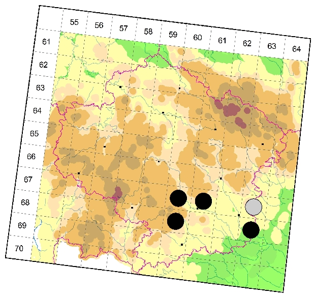 Mapa výskytu - kozlíček - Oplosia fennica