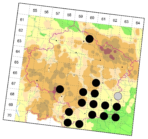 Mapa výskytu - tesařík - Phymatodes testaceus