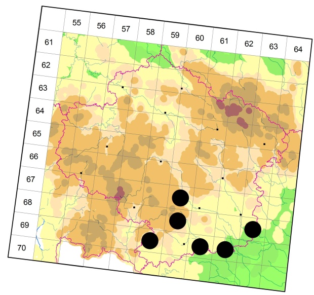 Mapa výskytu - střevlíček - Platyderus rufus