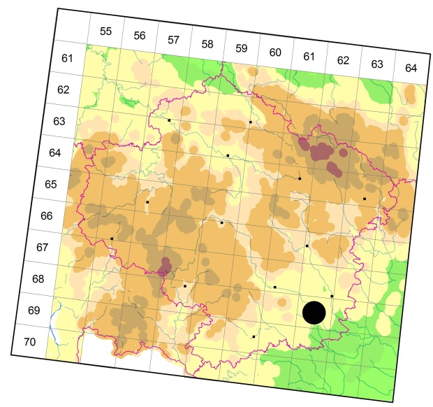 Mapa výskytu - střevlíček - Poecilus sericeus