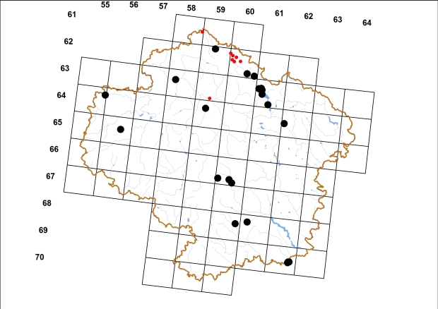 Mapa výskytu - jantařička podlouhlá - Succinella oblonga